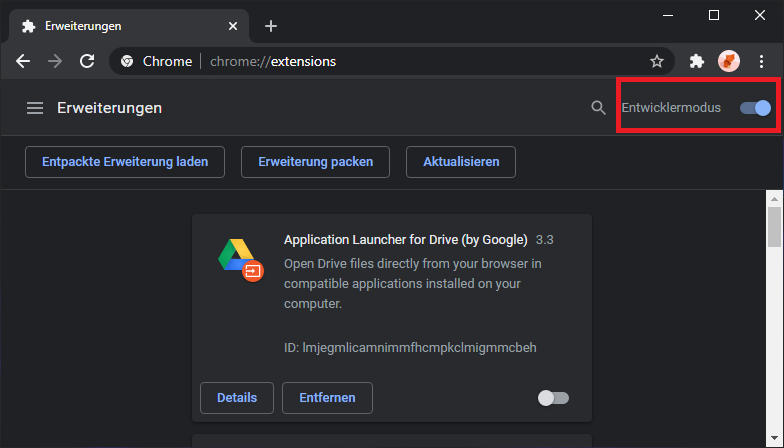 Der Schalter „Entwicklermodus“ oben rechts ist aktiviert und rot umrandet.