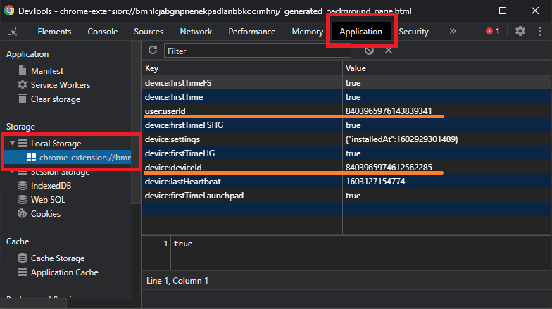 DevTools von Honey ist geöffnet, „Application“, „Local Storage“ und die deviceId und userId sind hervorgehoben.
