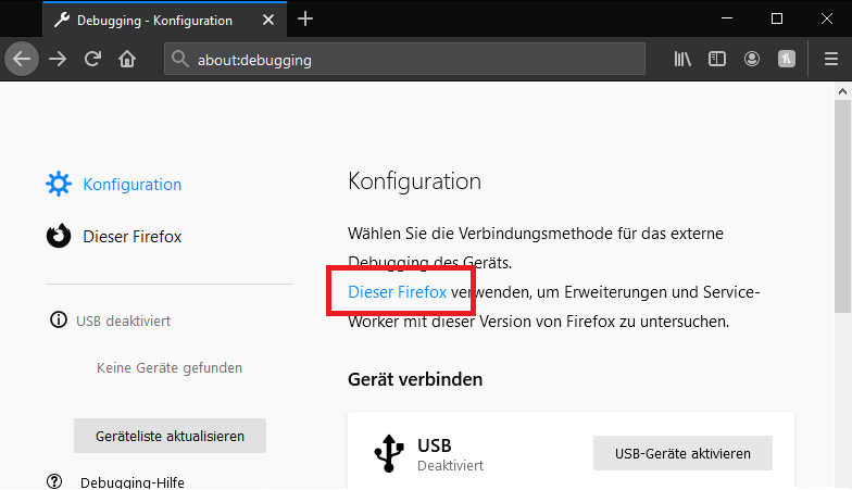 „Dieser Firefox“ auf „about:debugging“ ist rot umrahmt.