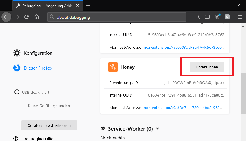 Eine Liste von den installierten Firefox-Erweiterungen auf „about:debugging“. „Untersuchen“ neben Honey ist rot umrahmt.