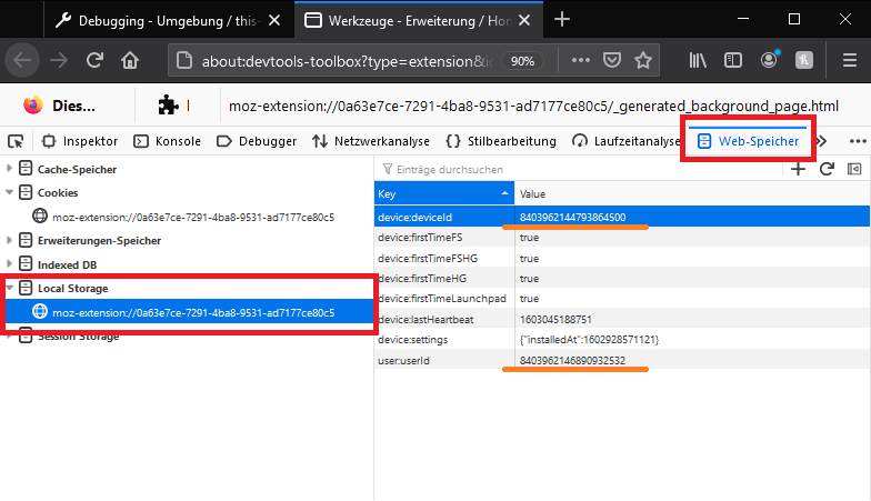 Der Werkzeug-Tab von Honey ist geöffnet, „Web-Speicher“, „Local Storage“ und die deviceId und userId sind hervorgehoben.