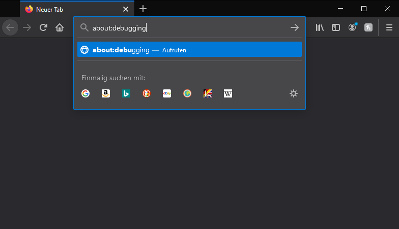 In die Adresszeile von Firefox wurde „about:debugging“ eingetippt.