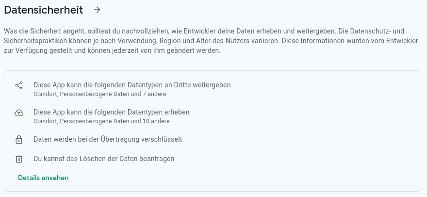 Screenshot der Übersicht zur Datensicherheit auf der Google-Play-Store-Seite der „Amazon Shopping“-App. Dort heißt es: „Diese App kann die folgenden Datentypen an Dritte weitergeben: Standort, Personenbezogene Daten und 7 andere, Diese App kann die folgenden Datentypen erheben: Standort, Personenbezogene Daten und 10 andere, Daten werden bei der Übertragung verschlüsselt, Du kannst das Löschen der Daten beantragen“