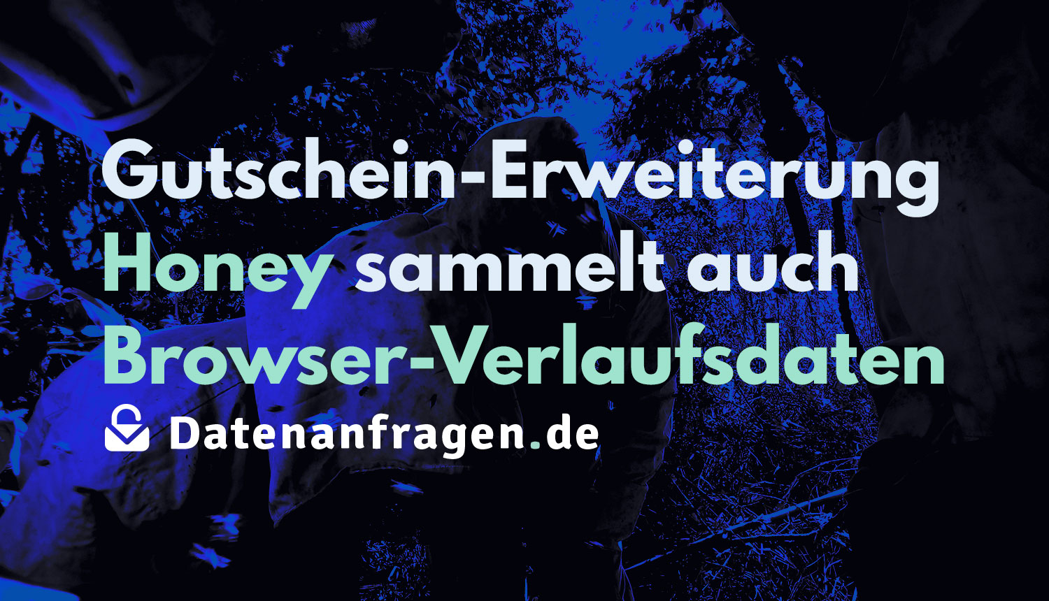 Foto von mehreren Imker_innen, die Bienen beobachten, darüber der Text: „Gutschein-Erweiterung Honey sammelt auch Browser-Verlaufsdaten“