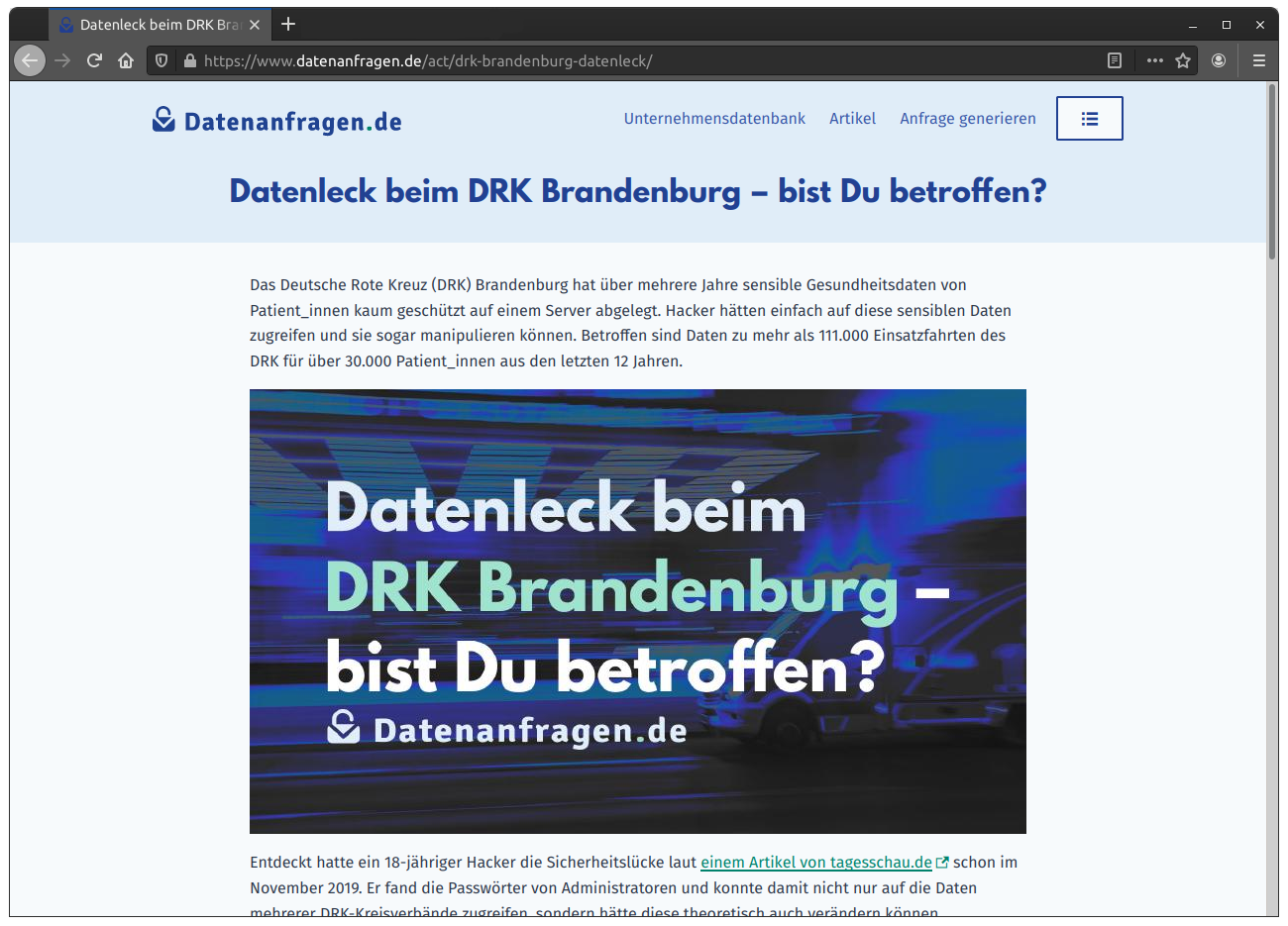 Mit einer Act-Seite informieren wir Betroffene eines Datenlecks beim DRK Brandenburg