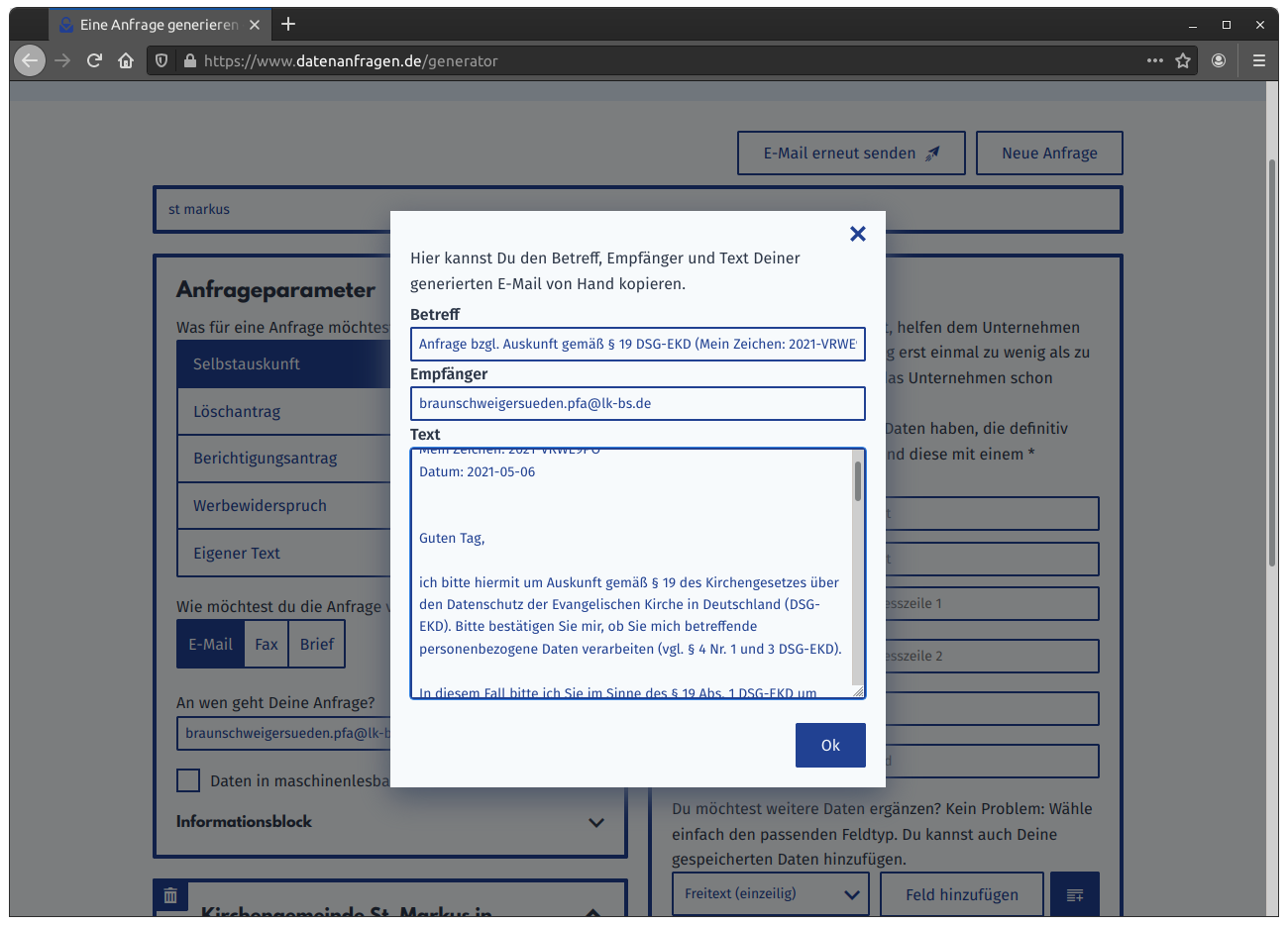 Mit unserem Generator eine Datenschutzanfrage nach dem Kirchenrecht stellen