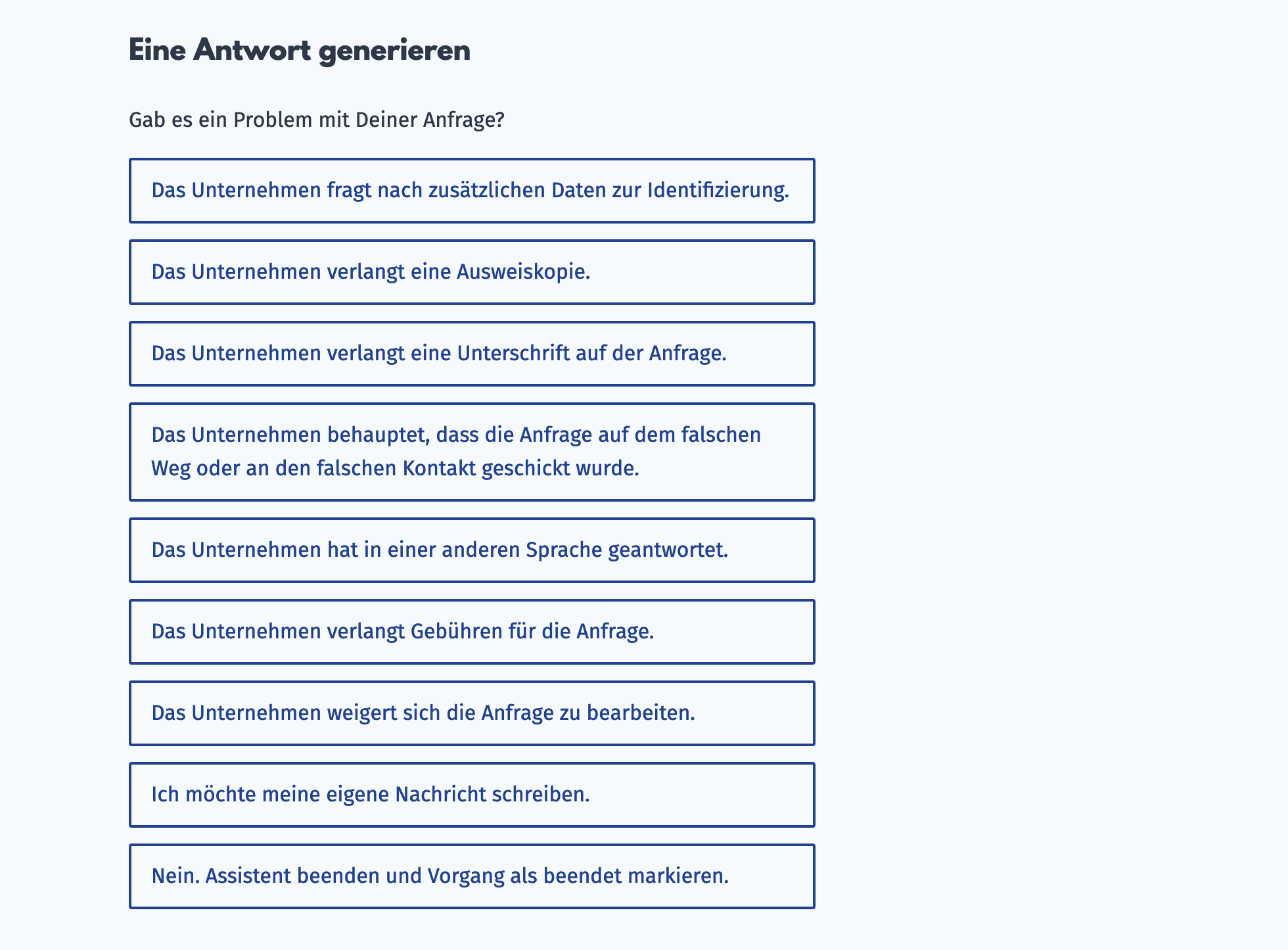 Screenshot des Mahnungsgenerators. Ganz oben steht die Frage „Gab es ein Problem mit Deiner Anfrage?“ und darunter verschiedene Buttons für verschiedene Arten von Problemen. Ein Beispiel für einen Buttontext: „Das Unternehmen fragt nach zusätzlichen Daten zur Authentifizierung.“