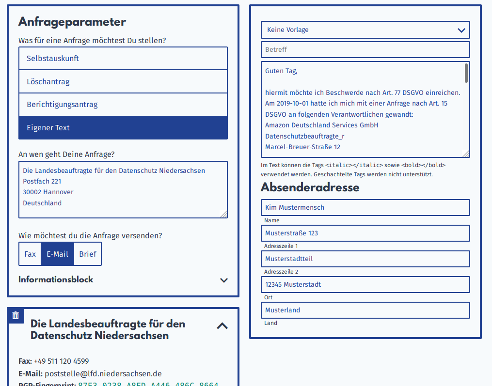 Screenshot des Anfragengenerators von Datenanfragen.de. Es wird eine Beschwerde an die Landesbeauftragte für den Datenschutz Niedersachsen über die Amazon Deutschland Services GmbH vorbereitet.